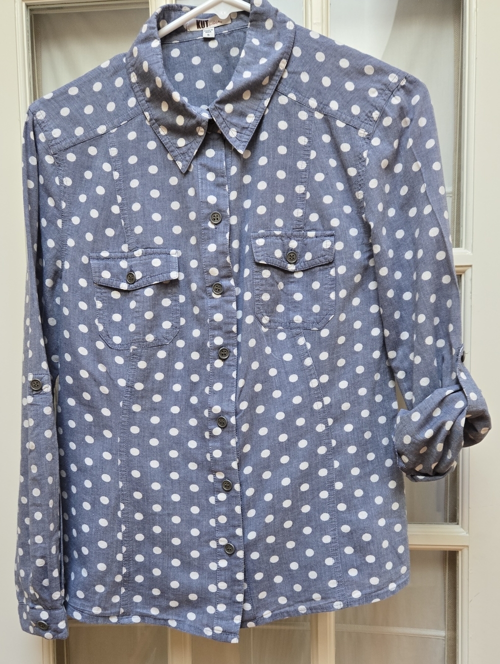Kut from the Kloth Blue and White Chambre Dot Button-Up Top